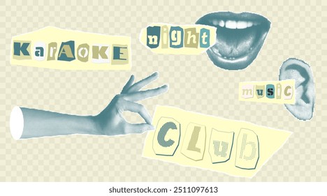 Karaoke music collage elements with halftone stickers hands lips and inscriptions Cut out from newspapers, magazines, torn paper Good idea for banner, flayer, poster design. Vector illustration