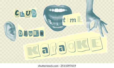 Karaoke music collage elements with halftone stickers hands lips and inscriptions Cut out from newspapers, magazines, torn paper Good idea for banner, flayer, poster design. Vector illustration