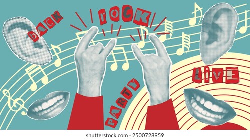 Karaoke music collage with halftone stickers hands, lips and inscriptions, musical notations Cut out from newspapers, magazines, torn paper Poster design Vinyl player, mouth, hears Vector illustration