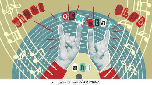 Karaoke music collage with halftone stickers hands, lips and inscriptions, musical notations Cut out from newspapers, magazines, torn paper Poster design Vinyl player, mouth, hears Vector illustration