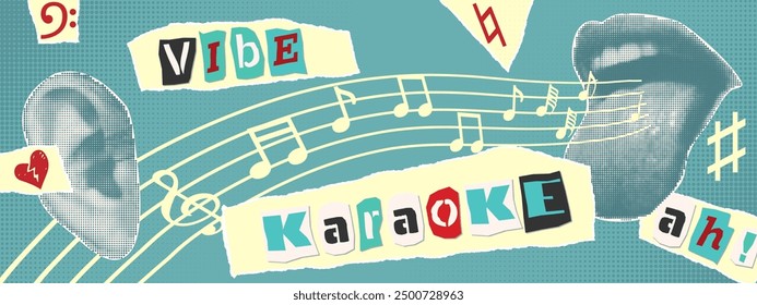 Karaoke-Musikcollage mit Halbtonaufkleber, Händen, Lippen und Inschriften, musikalische Noten Ausgeschnitten aus Zeitungen, Zeitschriften, zerrissenem Papier Plakatdesign Vinylspieler, Mund, hört Vektorgrafik