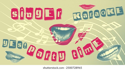 Karaoke music collage with halftone stickers hands, lips and inscriptions, musical notations Cut out from newspapers, magazines, torn paper Poster design Vinyl player, mouth, hears Vector illustration