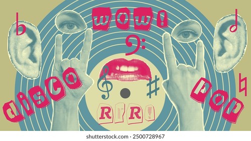 Karaoke music collage with halftone stickers hands, lips and inscriptions, musical notations Cut out from newspapers, magazines, torn paper Poster design Vinyl player, mouth, hears Vector illustration