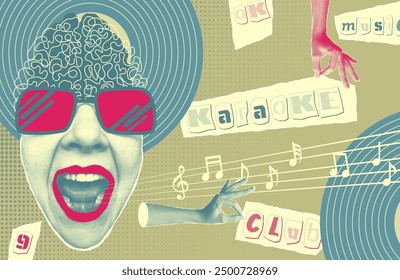 Karaoke music collage with halftone stickers hands, lips and inscriptions, musical notations Cut out from newspapers, magazines, torn paper Poster design Vinyl player, mouth, hears Vector illustration