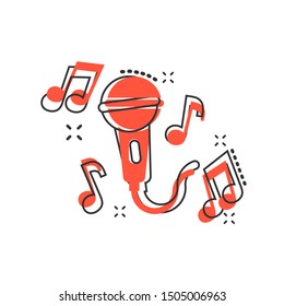 Karaoke music icon in comic style. Microphone speech vector cartoon illustration on white isolated background. Audio equipment business concept splash effect.