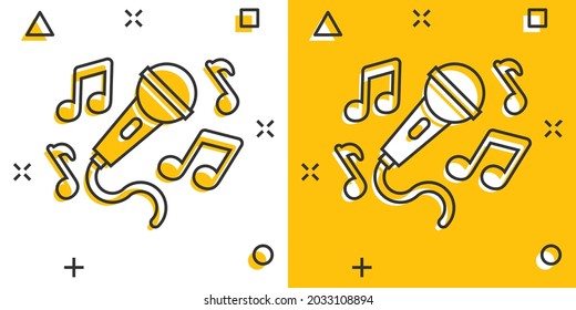 Karaoke music icon in comic style. Microphone speech vector cartoon illustration on white isolated background. Audio equipment business concept splash effect.