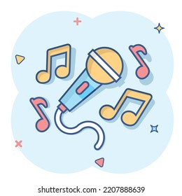 Karaoke music icon in comic style. Microphone speech vector cartoon illustration on white isolated background. Audio equipment business concept splash effect.