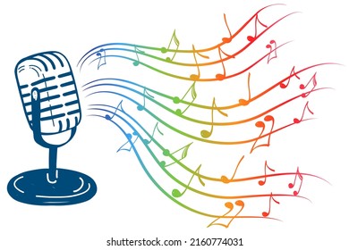 Karaoke music icon in doodle style. Vintage microphone with notes vector cartoon illustration on white isolated background. Audio equipment concept with bright rainbow melody effect.