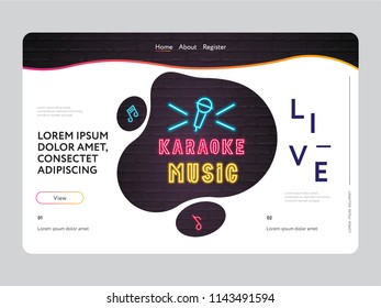 Karaoke Music Landing Page Microphone Neon Light Glowing Vector Illustration