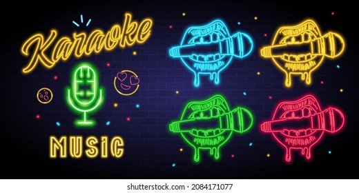 Karaoke music with neon light elements. Lips and microphone silhouette bright colors