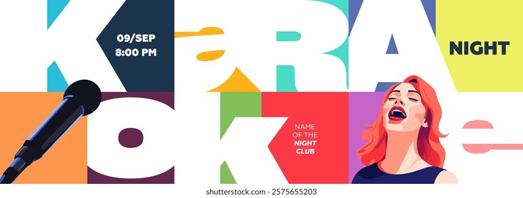 Karaoke music night bold geometric banner with vibrant design featuring microphone, singing and stage atmosphere. Perfect for concerts, parties and festival promotions. Trendy and colorful.