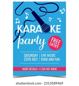 Karaoke music party poster or invitation flyer with microphone and musical notes on blue background. Vector illustration for live music disco dance event, vocal contest in karaoke bar or night club.