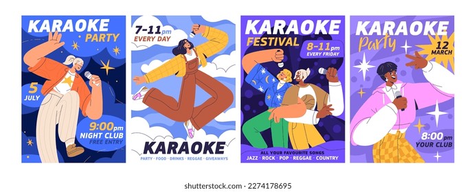 Karaoke, music party posters designs set. Vocal event, song festival, live concert in night club, flyers backgrounds templates. Vertical promotion banners with girls singing. Flat vector illustrations - Shutterstock ID 2274178695