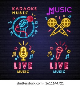 Karaoke Music Set Logo Neon Light Glowing Vector Illustration. Microphone, lIve Music Neon Light Logo