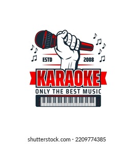 Icono del vector de música de karaoke del micrófono en la mano, teclado de piano y símbolos aislados de notas musicales. Fiesta de karaoke para discotecas, concurso de cantantes e icono de espectáculos de animación