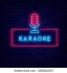 Karaoke Neon Label. Microphone Icon. Rectangular Frame. Talent Show. Light Flyer. Night Club Logotype. Glowing Effect Banner. Editable Stroke. Vector Stock Illustration