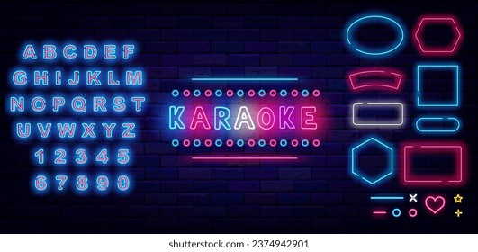Karaoke neon label. Simple signboard. Talent song show. Glowing advertising. Shiny blue alphabet. Geometric frames collection. Party design. Handwritten text. Vector stock illustration