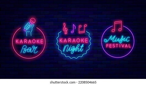 Karaoke neon labels collection. Circle frame with note icon. Talent performance. Microphone in hand symbol. Light advertisings set. Night club logotype. Glowing banner. Vector stock illustration