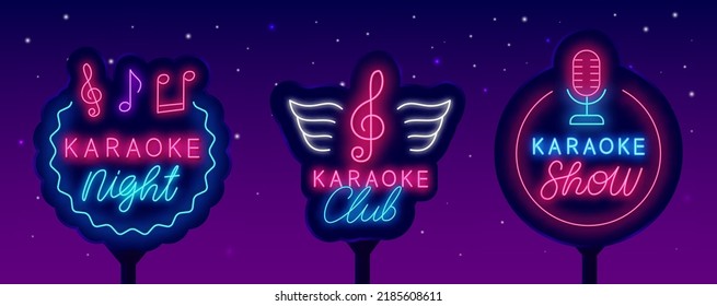 Karaoke neon labels collection. Shiny street billboards set. Circle frame with microphone icon. Note with wings. Karaoke night club. Light advertising. Party logotype. Outer glowing effect banner. Vec