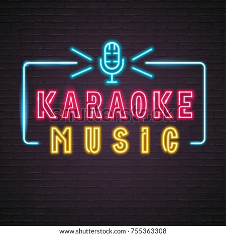 Karaoke Neon Light Glowing with Microphone Symbol Music Graphic Vector