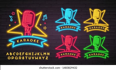 Karaoke Neon Light Glowing Vector Illustration Set Icon with Alphabet with Yellow Bright Glowing