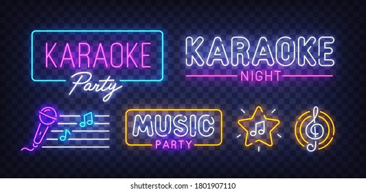 Karaoke neon sign. Sign of Karaoke Party with colorful neon lights isolated on brick wall. Vector illustration