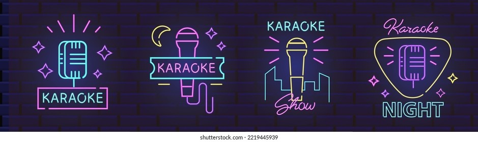 Karaoke neon signs and symbols with microphone. Bright  light logos. Luminous karaoke night, show text. Vector illustration