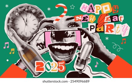 Karaoke Ano Novo partido grunge meio tom colagem elementos set - mão com telefone, microfone retro, olhos sorridentes e boca cantando, champanhe e relógio. Ilustração artística mista em papel vetorial.