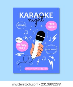 Karaoke night advertising poster. Hand holding microphone. Disco and party, youth culture. Nightclub invintation card. Music, singing and dancing. Cartoon flat vector illustration