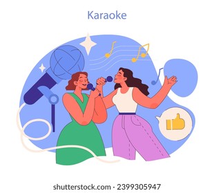 Concepto de la noche de karaoke. Un dúo de amigos compartiendo una canción, su alegría en la melodía y la compañía. La música enciende las risas y los recuerdos bajo el brillo de la bola disco. Ilustración vectorial plana