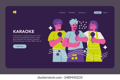 Karaoke night concept. Friends enjoy singing together at a fun party event, holding microphones with musical notes floating around. Vector illustration.