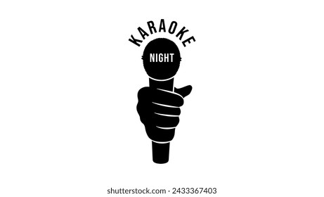 Karaoke night emblem, Microphone in hand, black isolated silhouette