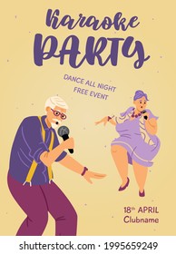 Karaoke night event advertising poster and invitation template with elderly senior singing people characters, flat vector illustration. Karaoke club banner or flyer.