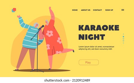 Karaoke Night Landing Page Template. Happy Senior Female Characters Cheerfully Singing Songs in Bar, Happy Old Ladies Couple with Microphones Performing on Party. Cartoon People Vector Illustration