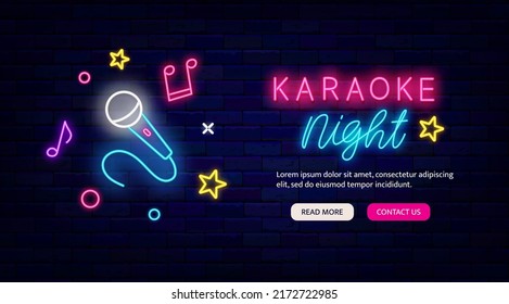 Karaoke night neon flyer. Landing page template. Microphone and notes. Light promotion banner. Label for show. Outer glowing effect. Editable stroke. Vector stock illustration