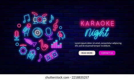 Promoción del volante de la noche de karaoke. Cartel del festival de música. Página de inicio del sitio web. Diseño de círculo con iconos musicales. Tarjeta de saludo brillante. Publicidad ligera. Ilustración de material vectorial