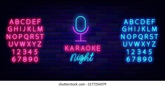 Karaoke night neon sign. Shiny blue and pink alphabet. Microphone icon. Light promotion banner. Label for show. Outer glowing effect. Vector stock illustration