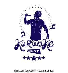 Karaoke night and nightclub discotheque vector invitation poster created with musical notes, stars and soloist singing and holding a microphone in hand. 