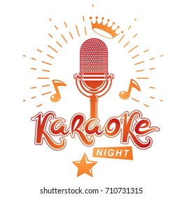 Karaoke night and nightclub discotheque vector invitation poster created with stage or recorder microphone and musical notes.