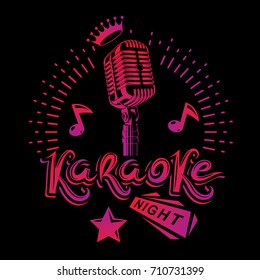 Karaoke night and nightclub discotheque vector invitation poster created with stage or recorder microphone and musical notes.