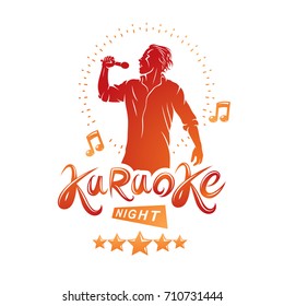 Karaoke night and nightclub discotheque vector invitation poster created with musical notes, stars and soloist singing and holding a microphone in hand. 