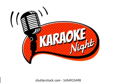 Karaoke night party script on comic strip speech bubble emblem. Stage retro vintage microphone vector illustration template