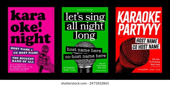 Karaoke night poster design for club or pub event, live with host or band name, sing night promotion design, set of 3 poster, banner or flyer, vector format with paper texture