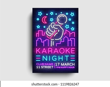 Karaoke night poster neon vector. Karaoke party design template, bright neon brochure, modern trend design, light banner, typography invitation to the party, advertising postcard. Vector illustration