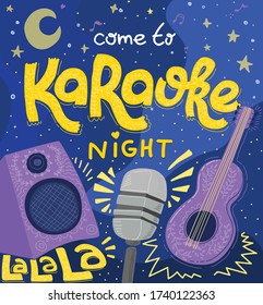 Karaoke night poster. Vector hand drawn party template. Design template, cocktail, club, karaoke night, music show, design elements for your projects. Vector illustration.