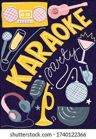 Karaoke night poster. Vector hand drawn party template. Design template, cocktail, club, karaoke night, music show, design elements for your projects. Vector illustration.
