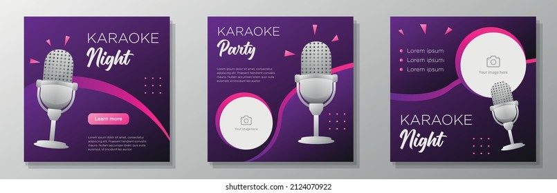 Karaoke night social media post, square banner set, live singing musical event advertisement concept, music event marketing ad, modern creative flyer, isolated on background.