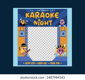 Karaoke Night Socials Media. Karaoke Poster Set Vector. Vintage Studio. Musical Record. Broadcast Object. Luxury Emblem. Audio Element. Style. Realistic Illustration
