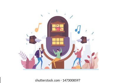 Karaoke Night Vector Illustration Concept Showing people having fun singing, Suitable for landing page, ui, web, App intro card, editorial, flyer, and banner.