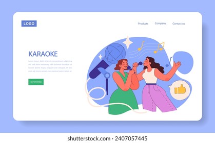 Karaoke Night web or landing. A duet of friends sharing a song, their joy in melody and companionship. The music ignites laughter and memories under the disco ball's glow. Flat vector illustration